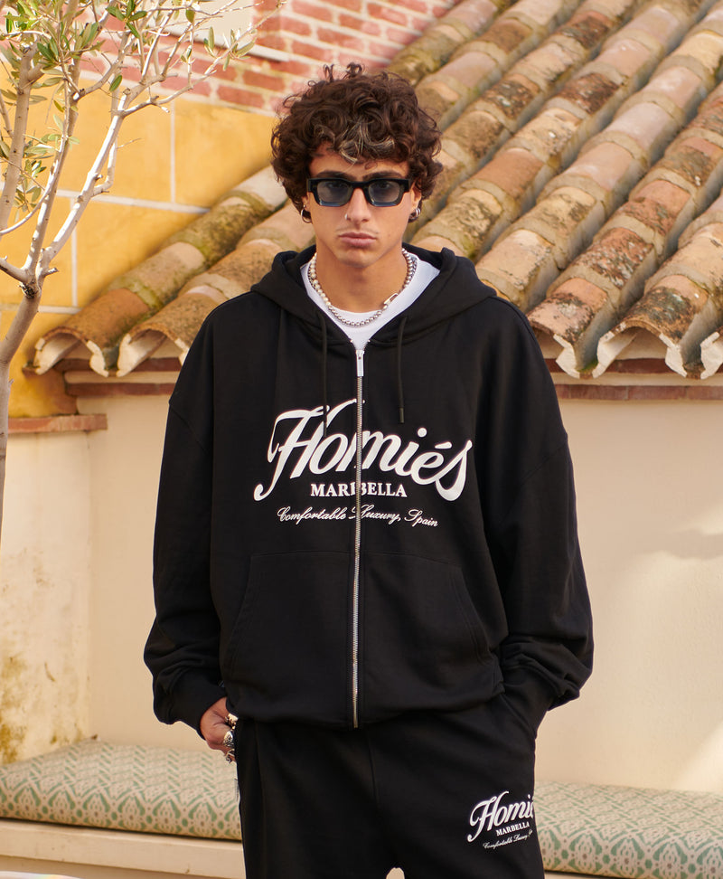 HOMIÉS ESSENTIALS ZIPPER HOODIE BLACK – HOMIESMARBELLA