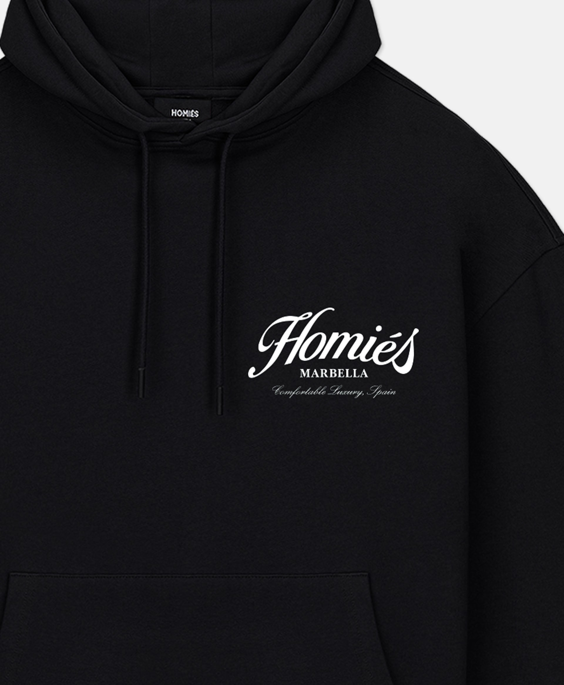 HOMIÉS ESSENTIALS HOODIE BLACK – HOMIESMARBELLA